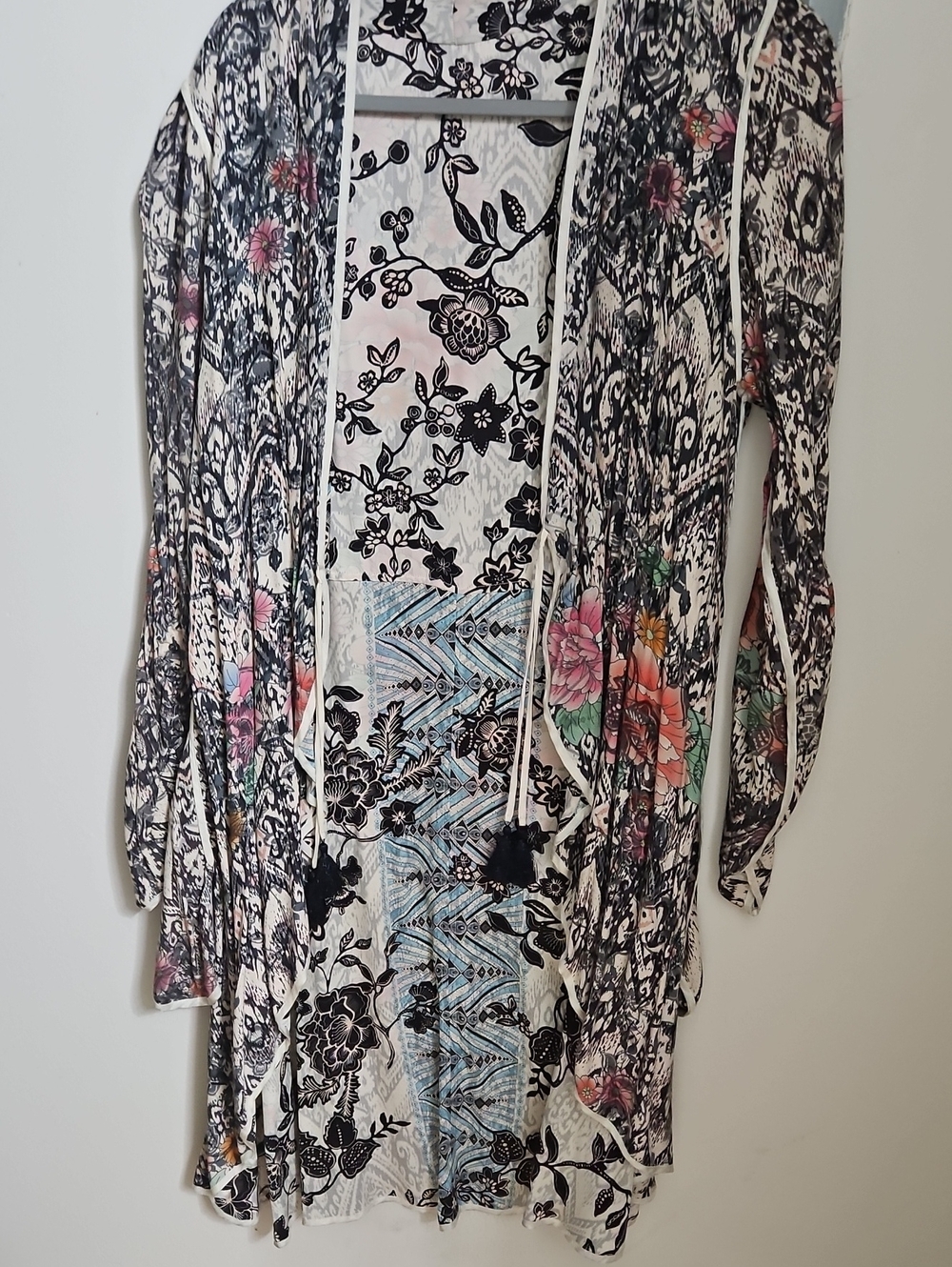 Johnny Was Black & White Floral Mixed-Print Kimono with Pastel Accents